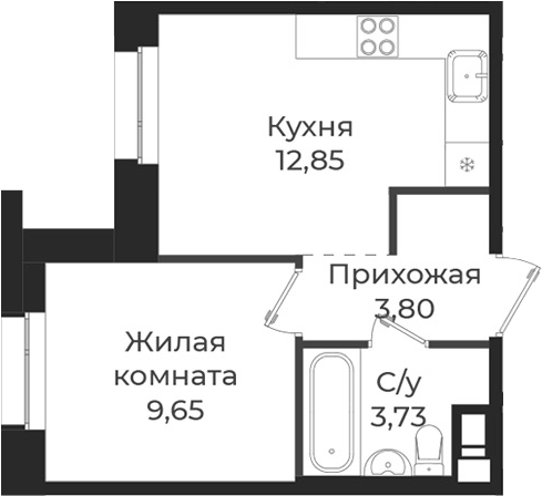 Планировка — Новатория, 1-комн., 30 м²
