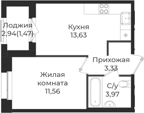 Планировка — Новатория, 1-комн., 32 м²