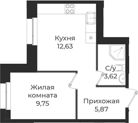 Планировка — Новатория, 1-комн., 32 м²