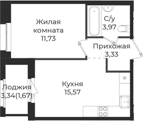 Планировка — Новатория, 2-комн., 35 м²