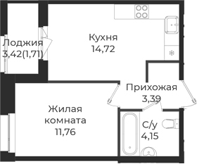 Планировка — Новатория, 1-комн., 34 м²