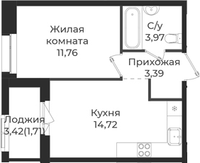 Планировка — Новатория, 1-комн., 34 м²