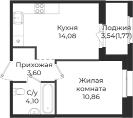 Планировка — Новатория, 1-комн., 33 м²