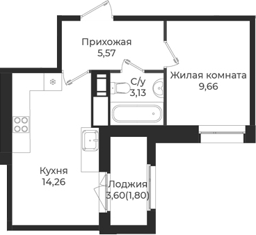 Планировка — Новатория, 1-комн., 33 м²