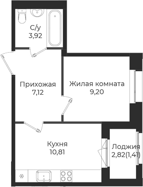 Планировка — Новатория, 1-комн., 31 м²