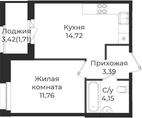 Планировка — Новатория, 1-комн., 34 м²