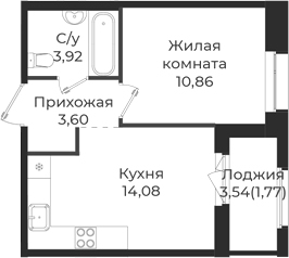 Планировка — Новатория, 1-комн., 32 м²