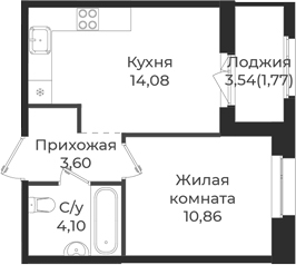 Планировка — Новатория, 1-комн., 33 м²