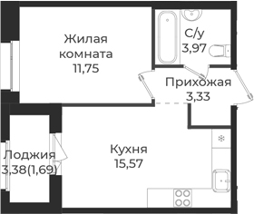 Планировка — Новатория, 2-комн., 35 м²