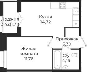 Планировка — Новатория, 1-комн., 34 м²