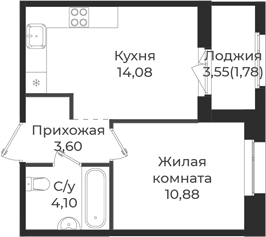 Планировка — Новатория, 1-комн., 33 м²