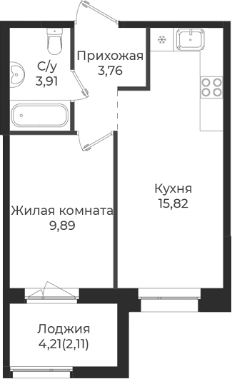Планировка — Новатория, 2-комн., 33 м²