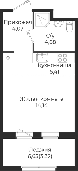 Планировка — Новатория, Студия, 28 м²