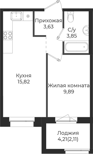 Планировка — Новатория, 2-комн., 33 м²