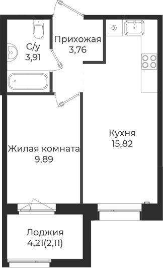 Планировка — Новатория, 2-комн., 33 м²