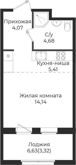 Планировка — Новатория, Студия, 28 м²