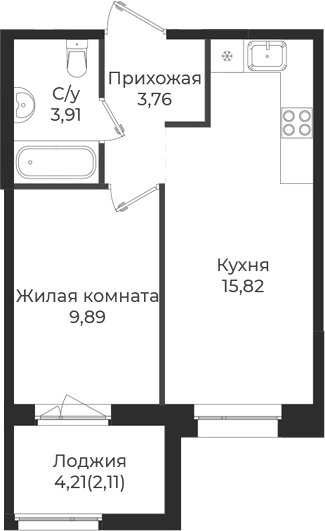 Планировка — Новатория, 2-комн., 33 м²