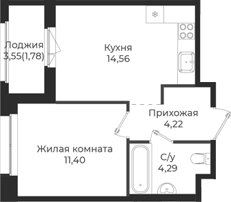 Планировка — Новатория, 1-комн., 34 м²