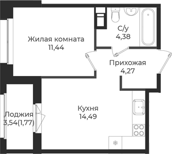 Планировка — Новатория, 1-комн., 35 м²