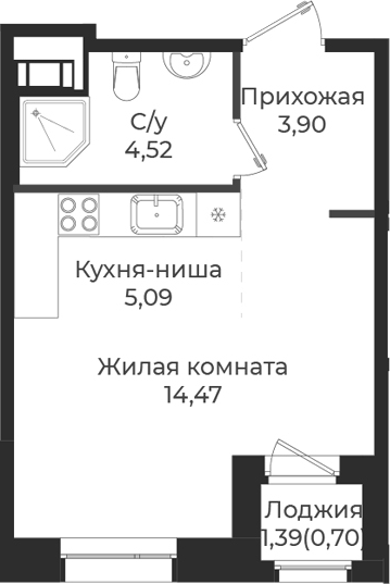 Планировка — Новатория, Студия, 28 м²