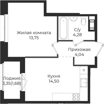 Планировка — Новатория, 1-комн., 37 м²