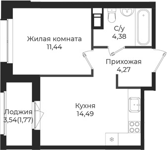 Планировка — Новатория, 1-комн., 35 м²