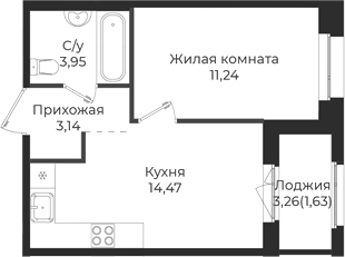 Планировка — Новатория, 1-комн., 33 м²