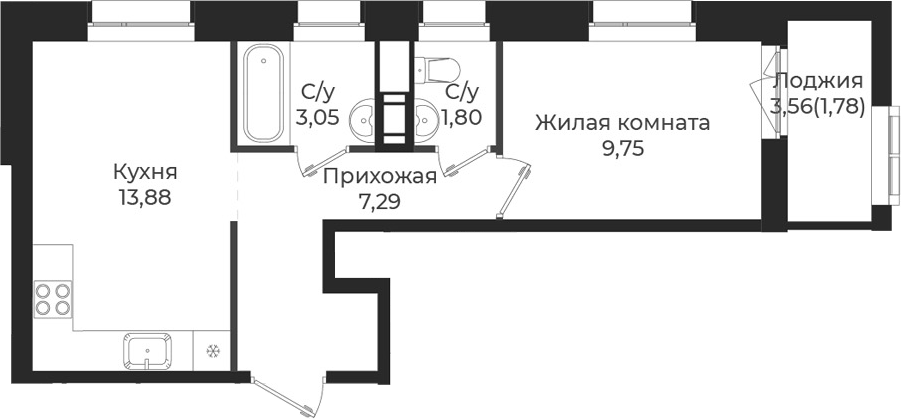 Планировка — Новатория, 1-комн., 36 м²