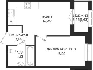 Планировка — Новатория, 1-комн., 33 м²