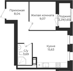 Планировка — Новатория, 1-комн., 36 м²