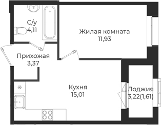 Планировка — Новатория, 2-комн., 34 м²