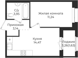 Планировка — Новатория, 1-комн., 33 м²