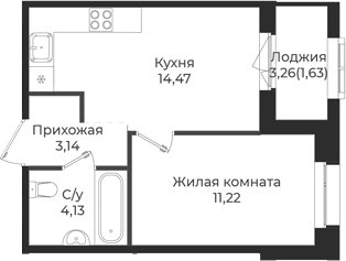 Планировка — Новатория, 1-комн., 33 м²