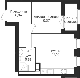 Планировка — Новатория, 1-комн., 36 м²