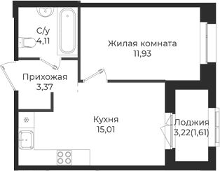Планировка — Новатория, 2-комн., 34 м²