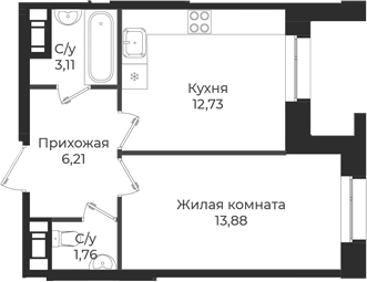 Планировка — Новатория, 1-комн., 38 м²