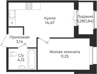 Планировка — Новатория, 1-комн., 33 м²