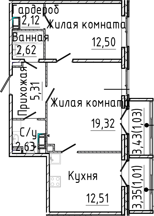 Планировка — SERTOLOVO PARK, 2-комн., 57 м²