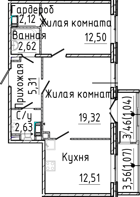Планировка — SERTOLOVO PARK, 2-комн., 57 м²