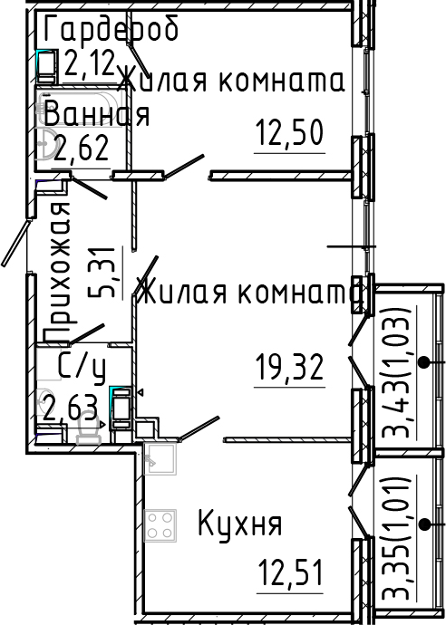 Планировка — SERTOLOVO PARK, 2-комн., 57 м²