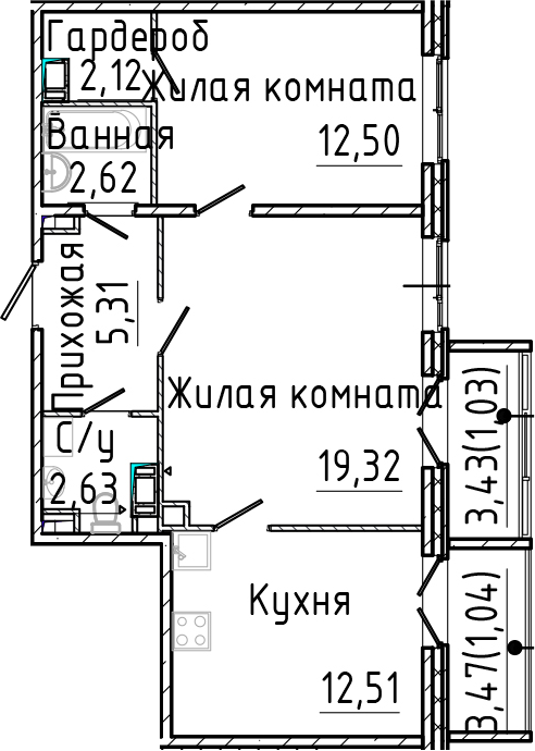Планировка — SERTOLOVO PARK, 2-комн., 57 м²