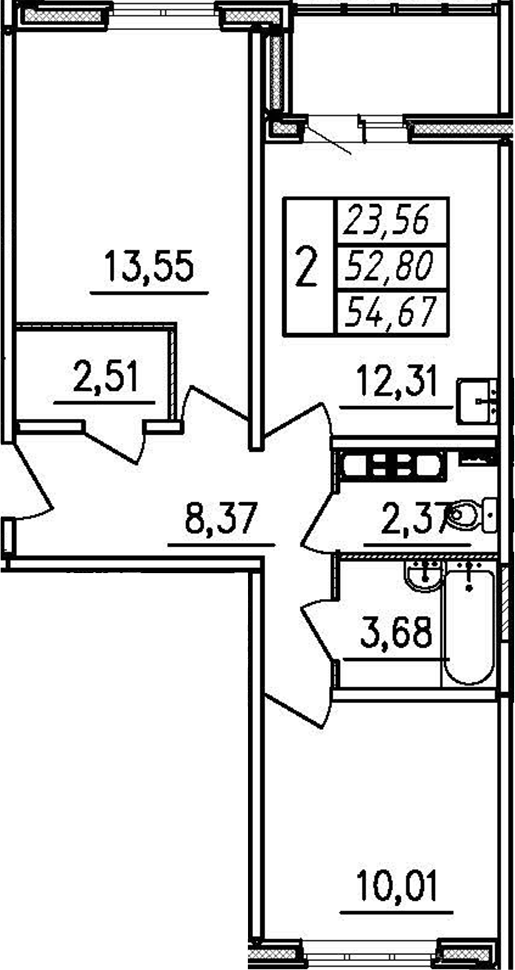 Планировка — Меридиан. Шушары, 2-комн., 53 м²
