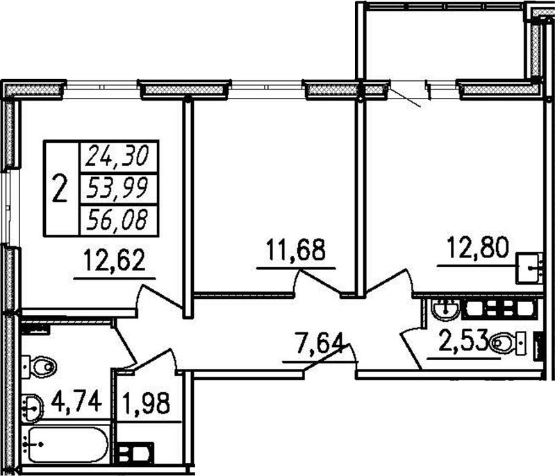 Планировка — Меридиан. Шушары, 2-комн., 54 м²
