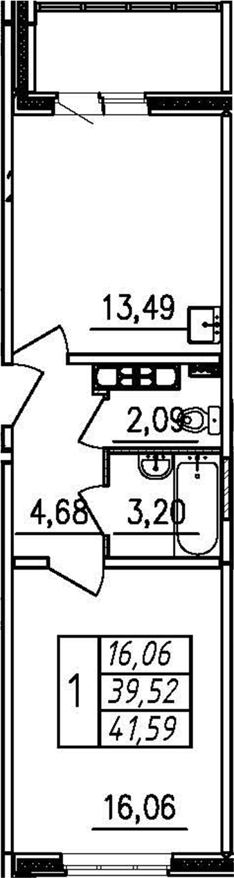 Планировка — Меридиан. Шушары, 1-комн., 40 м²