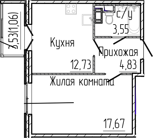 Планировка — SERTOLOVO PARK, 1-комн., 39 м²