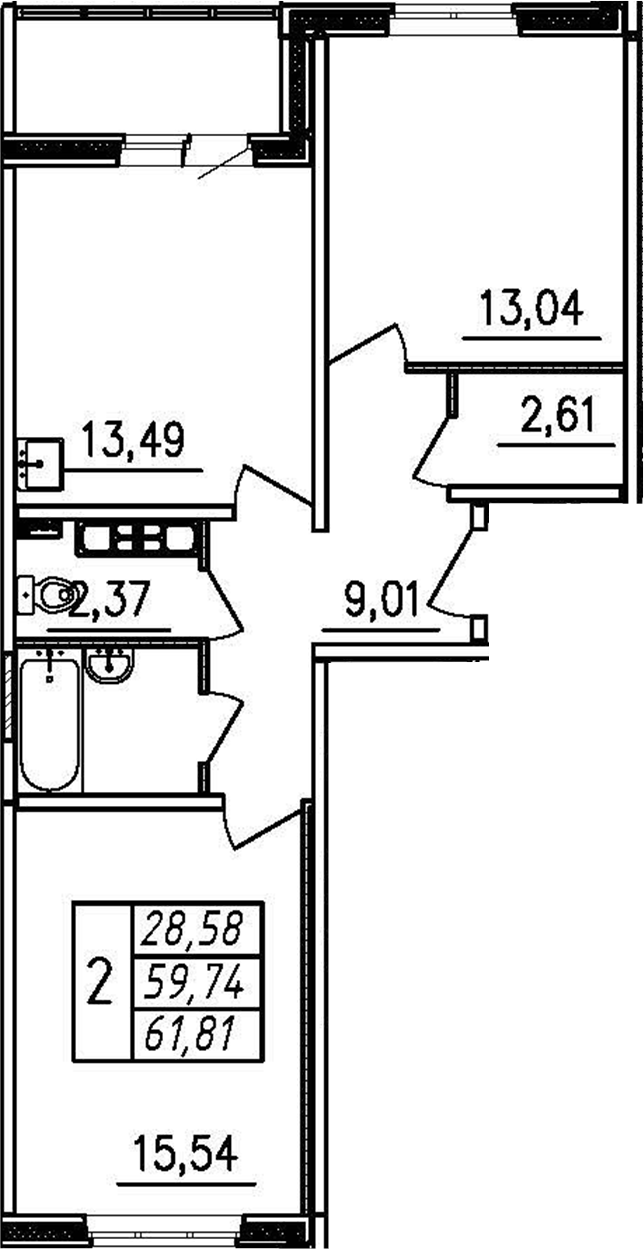 Планировка — Меридиан. Шушары, 2-комн., 60 м²