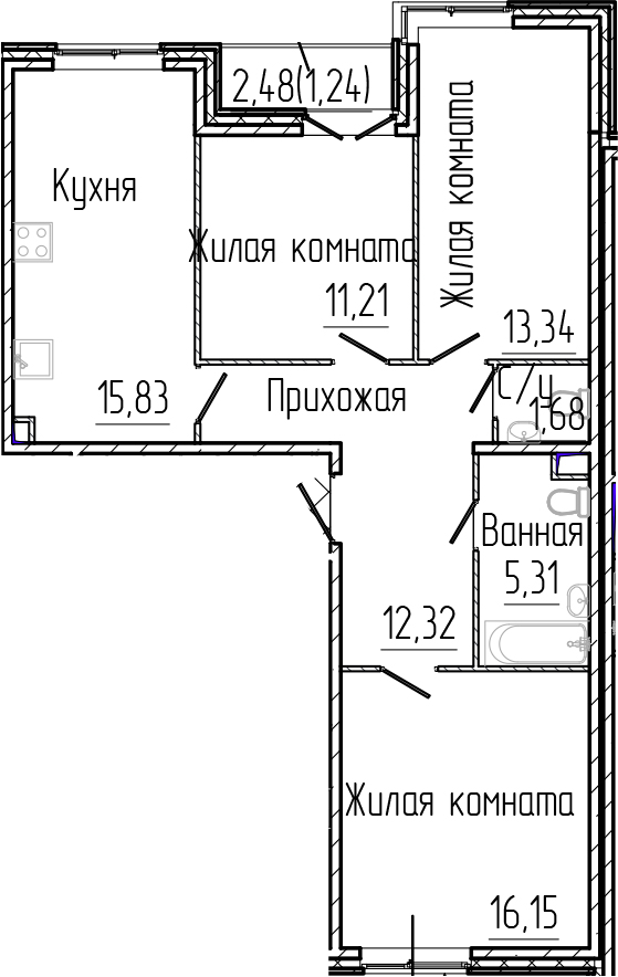 Планировка — SERTOLOVO PARK, 4-комн., 76 м²