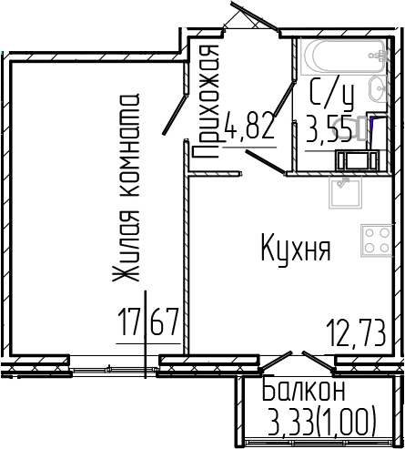 Планировка — SERTOLOVO PARK, 1-комн., 39 м²