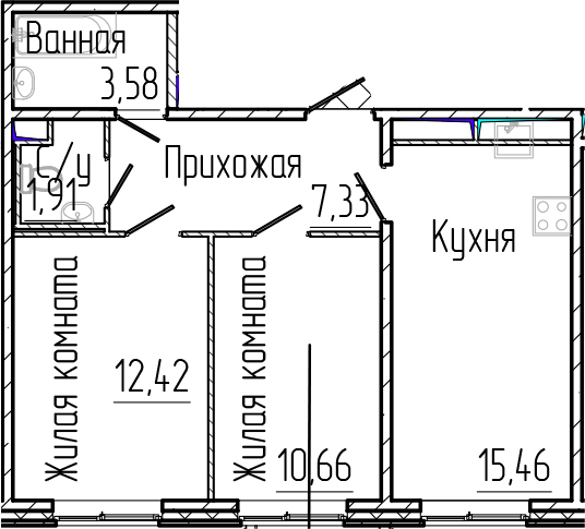 Планировка — SERTOLOVO PARK, 3-комн., 51 м²