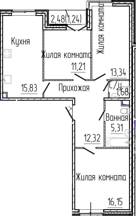 Планировка — SERTOLOVO PARK, 4-комн., 76 м²
